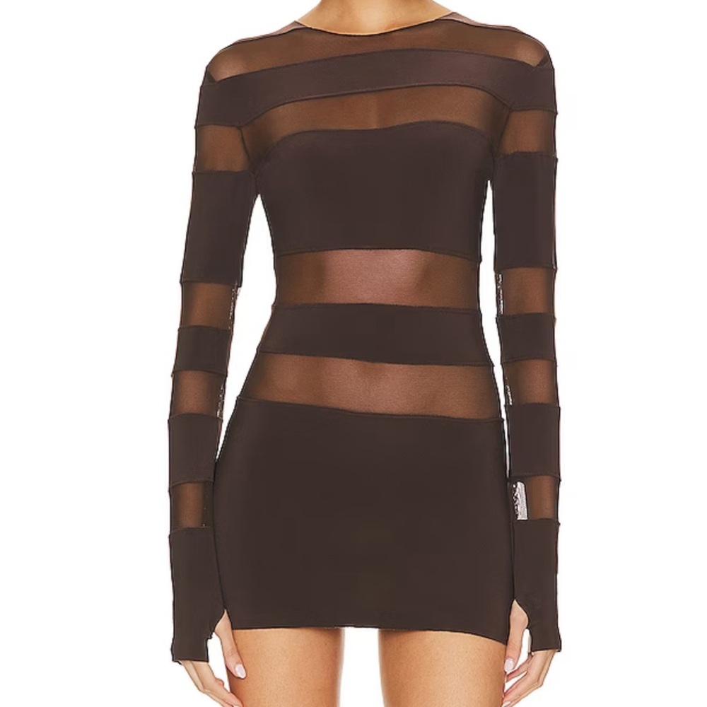 Norma Kamali SPLICED LONG SLEEVE PICKLEBALL DRESS IN CHOCOLATE MESH